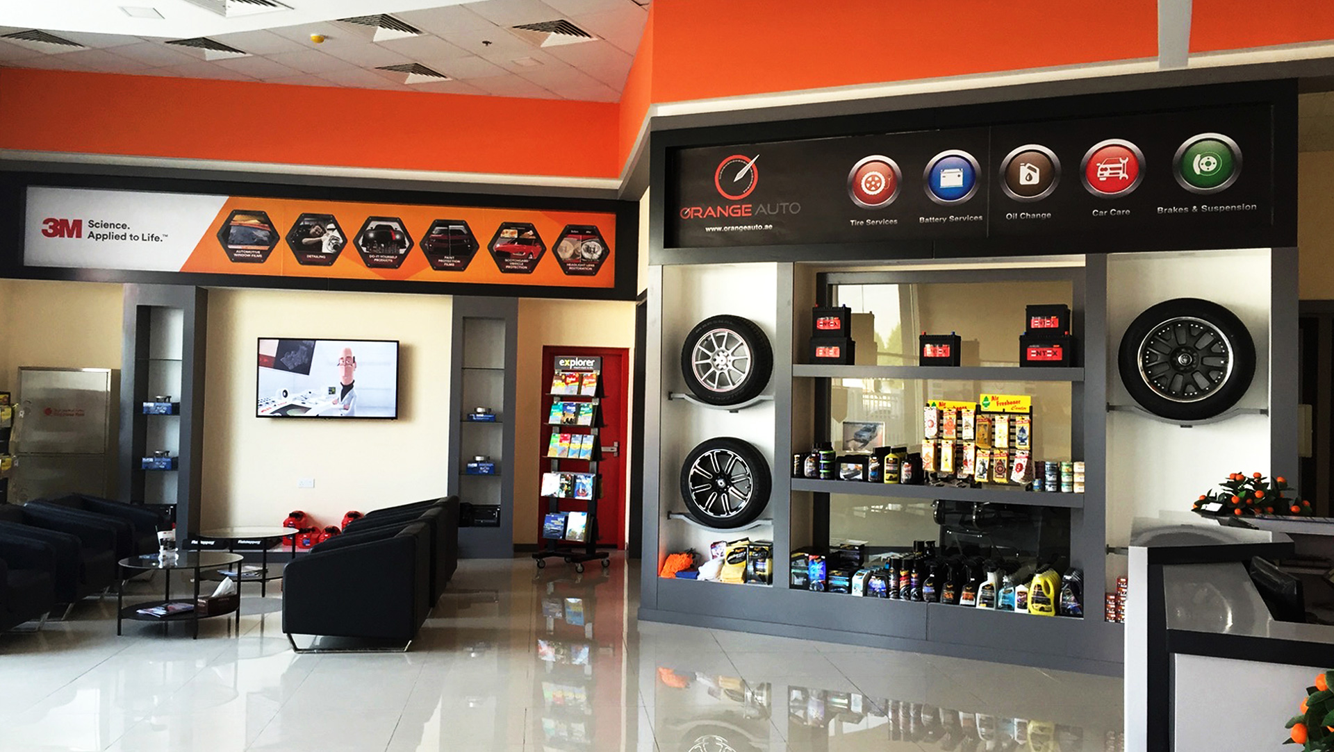 Orange Auto office with car care products