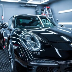 Technician applying premium ceramic coating to a luxury vehicle at Orange Auto in Dubai.