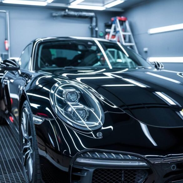 Technician applying premium ceramic coating to a luxury vehicle at Orange Auto in Dubai.