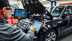 Professional technician performing diagnostics on a Range Rover at Orange Auto's specialized workshop in Dubai.