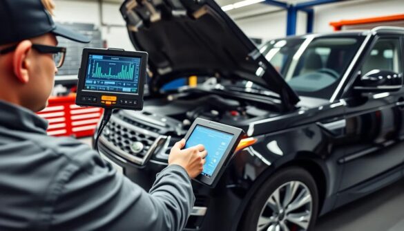 Professional technician performing diagnostics on a Range Rover at Orange Auto's specialized workshop in Dubai.